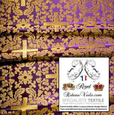 Tissu ameublement Médiéval Brocart liturgique sacerdoce croix violet Or mètre