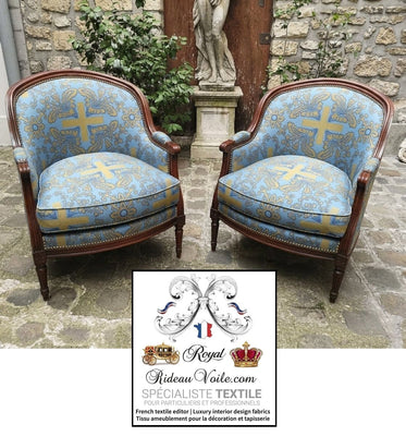 Tissu ameublement Médiéval Brocart liturgique sacerdoce croix bleu Or mètre