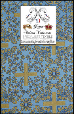 Tissu ameublement Médiéval Brocart liturgique sacerdoce croix bleu Or mètre
