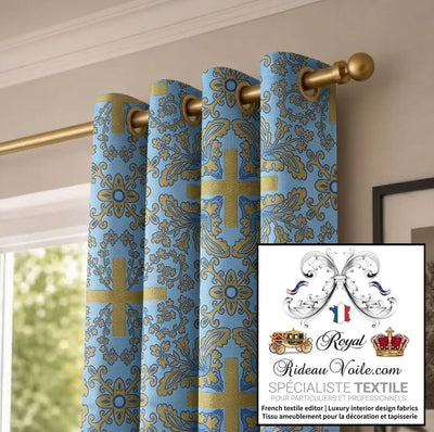 Tissu ameublement Médiéval Brocart liturgique sacerdoce croix bleu Or mètre