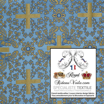 Tissu ameublement Médiéval Brocart liturgique sacerdoce croix bleu Or mètre