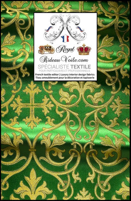 Tissu ameublement Brocart liturgique Damassé vert or mètre confection rideau
