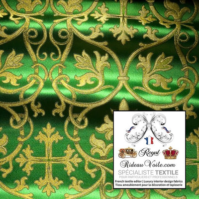 Tissu ameublement Brocart liturgique Damassé vert or mètre confection rideau