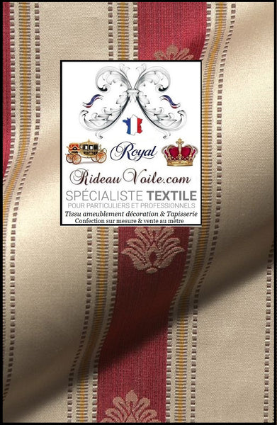 Tissu ignifuge Directoire vintage Jacquard rouge empire rayé ivoire mètre rideau
