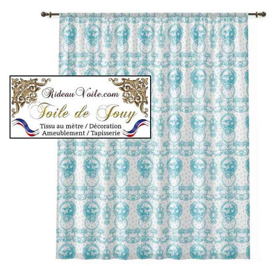 Tissu d'éditeur ameublement motif imprimé Baroque Bleu Antique ornement Lys Toile de Jouy Lion luxe haut gamme. Décoratrice d'architecte d'intérieur patrimoine historique pour tapisserie. Boutique Confection voilage, rideau au mètre. Ignifugé occultant.