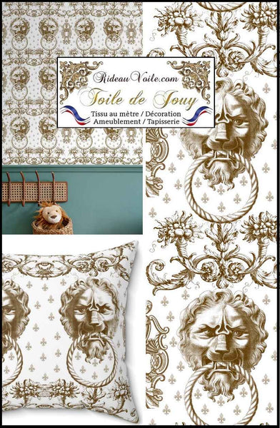 Tissu d'éditeur ameublement motif imprimé Baroque  Antique ornement Lys Toile de Jouy Lion marron brun luxe haut gamme. Décoratrice d'architecte d'intérieur patrimoine historique pour tapisserie. Boutique Confection voilage, rideau au mètre. Ignifugé occultant.