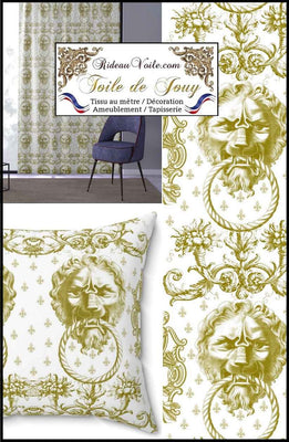 Tissu d'éditeur ameublement motif imprimé Baroque  Antique ornement Lys Toile de Jouy Lion vert luxe haut gamme décoratrice d'architecte patrimoine historique pour tapisserie. Boutique Confection voilage, rideau au mètre. Ignifugé occultant.