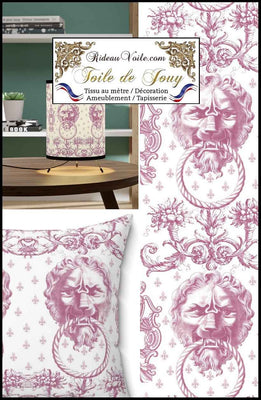 Tissu d'éditeur ameublement motif imprimé Baroque  Antique ornement Lys Toile de Jouy Lion rose luxe haut gamme. Décoratrice d'architecte d'intérieur patrimoine historique pour tapisserie. Boutique Confection voilage, rideau au mètre. Ignifugé occultant.