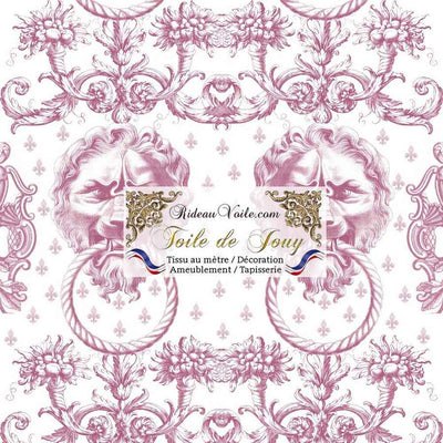 Tissu d'éditeur ameublement motif imprimé Baroque  Antique ornement Lys Toile de Jouy Lion rose luxe haut gamme. Décoratrice d'architecte d'intérieur patrimoine historique pour tapisserie. Boutique Confection voilage, rideau au mètre. Ignifugé occultant.