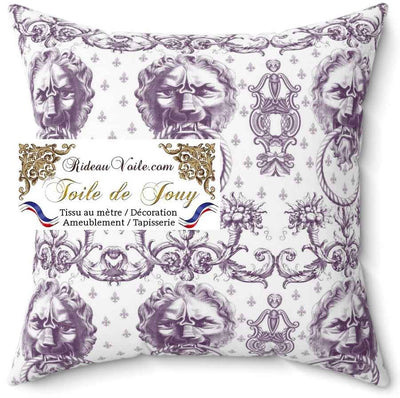 Tissu d'éditeur ameublement motif imprimé Baroque  Antique ornement Lys Toile de Jouy Lion violet luxe haut gamme. Décoratrice d'architecte d'intérieur patrimoine historique pour tapisserie. Boutique Confection voilage, rideau au mètre. Ignifugé occultant.