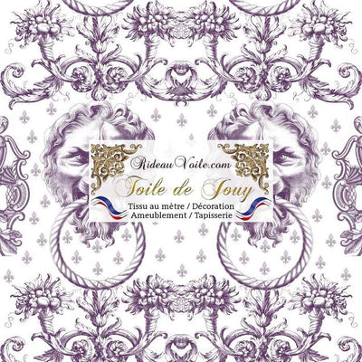 Tissu d'éditeur ameublement motif imprimé Baroque  Antique ornement Lys Toile de Jouy Lion violet luxe haut gamme. Décoratrice d'architecte d'intérieur patrimoine historique pour tapisserie. Boutique Confection voilage, rideau au mètre. Ignifugé occultant.