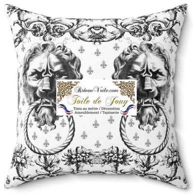 Tissu d'éditeur ameublement motif imprimé Baroque  Antique ornement Lys Toile de Jouy Lion noir & blanc luxe haut gamme. Décoratrice d'architecte d'intérieur patrimoine historique pour tapisserie. Boutique Confection voilage, rideau au mètre. Ignifugé occultant.