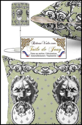 Tissu d'éditeur ameublement motif imprimé Baroque  Antique ornement Lys Toile de Jouy Lion noir & vert luxe haut gamme. Décoratrice d'architecte d'intérieur patrimoine historique pour tapisserie. Boutique Confection voilage, rideau au mètre. Ignifugé occultant.