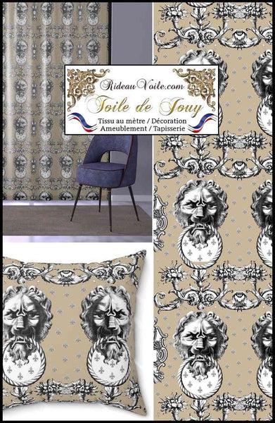 Tissu d'éditeur ameublement motif imprimé Baroque  Antique ornement Lys Toile de Jouy Lion noir brun beige luxe haut gamme. Décoratrice d'architecte d'intérieur patrimoine historique pour tapisserie. Boutique Confection voilage, rideau au mètre. Ignifugé occultant.