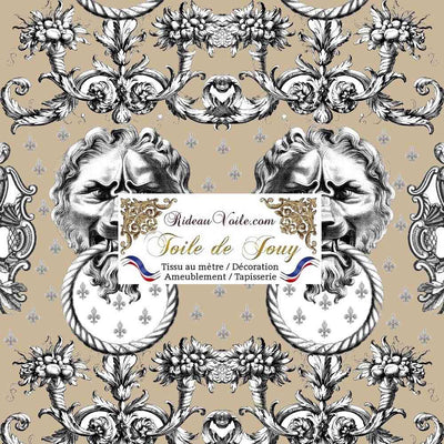 Tissu d'éditeur ameublement motif imprimé Baroque  Antique ornement Lys Toile de Jouy Lion noir brun beige luxe haut gamme. Décoratrice d'architecte d'intérieur patrimoine historique pour tapisserie. Boutique Confection voilage, rideau au mètre. Ignifugé occultant.