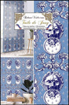 Tissu d'ameublement motif imprimé Baroque Bleu Antique ornement Lys Toile de Jouy Lion luxe haut gamme. Décoratrice d'architecte d'intérieur patrimoine historique pour tapisserie. Boutique Confection voilage, rideau au mètre. Ignifugé occultant.