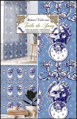 Tissu d'ameublement motif imprimé Baroque Bleu Antique ornement Lys Toile de Jouy Lion luxe haut gamme. Décoratrice d'architecte d'intérieur patrimoine historique pour tapisserie. Boutique Confection voilage, rideau au mètre. Ignifugé occultant.