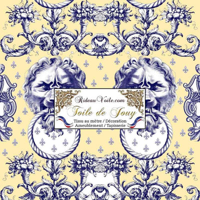 Tissu d'ameublement motif imprimé Baroque jaune Antique ornement Lys Toile de Jouy Lion luxe haut gamme. Décoratrice d'architecte d'intérieur patrimoine historique pour tapisserie. Boutique Confection voilage, rideau au mètre. Ignifugé occultant.