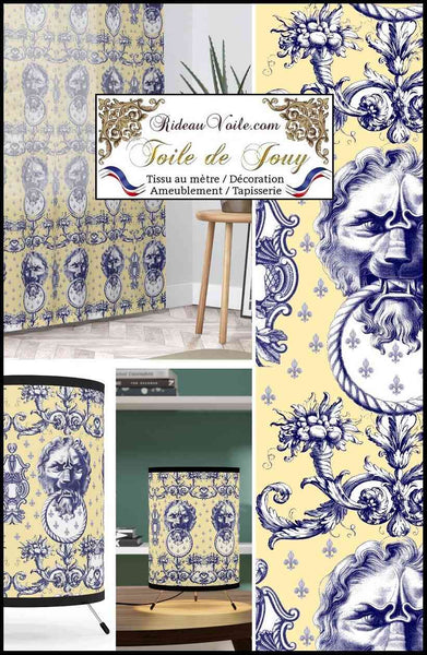 Tissu d'ameublement motif imprimé Baroque jaune Antique ornement Lys Toile de Jouy Lion luxe haut gamme. Décoratrice d'architecte d'intérieur patrimoine historique pour tapisserie. Boutique Confection voilage, rideau au mètre. Ignifugé occultant.