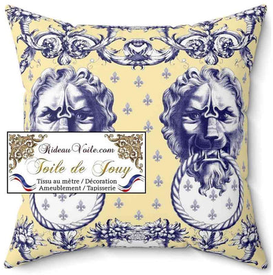 Tissu d'ameublement motif imprimé Baroque jaune Antique ornement Lys Toile de Jouy Lion luxe haut gamme. Décoratrice d'architecte d'intérieur patrimoine historique pour tapisserie. Boutique Confection voilage, rideau au mètre. Ignifugé occultant.