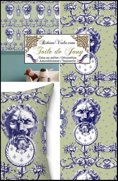 Tissu d'ameublement motif imprimé Baroque vert Antique ornement Lys Toile de Jouy Lion luxe haut gamme. Décoratrice d'architecte d'intérieur patrimoine historique pour tapisserie. Boutique Confection voilage, rideau au mètre. Ignifugé occultant.