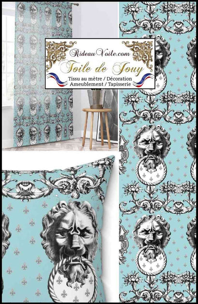 Tissu d'éditeur ameublement motif imprimé Baroque  Antique ornement Lys Toile de Jouy Lion noir bleu luxe haut gamme. Décoratrice d'architecte d'intérieur patrimoine historique pour tapisserie. Boutique Confection voilage, rideau au mètre. Ignifugé occultant.