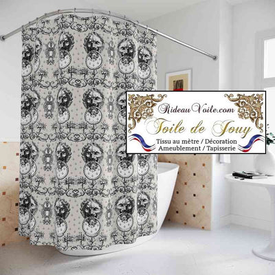 Tissu d'éditeur ameublement motif imprimé Baroque  Antique ornement Lys Toile de Jouy Lion noir écru luxe haut gamme. Décoratrice d'architecte d'intérieur patrimoine historique pour tapisserie.