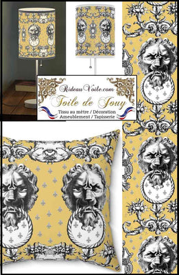 Tissu d'éditeur ameublement motif imprimé Baroque  Antique ornement Lys Toile de Jouy Lion noir jaune luxe haut gamme. Décoratrice d'architecte d'intérieur patrimoine historique pour tapisserie. Boutique Confection voilage, rideau au mètre. Ignifugé occultant.