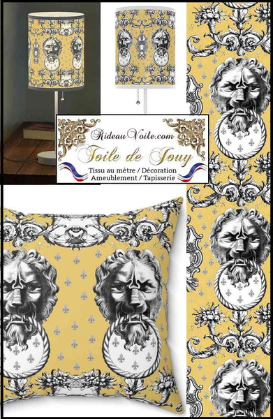 Tissu d'éditeur ameublement motif imprimé Baroque  Antique ornement Lys Toile de Jouy Lion noir jaune luxe haut gamme. Décoratrice d'architecte d'intérieur patrimoine historique pour tapisserie. Boutique Confection voilage, rideau au mètre. Ignifugé occultant.