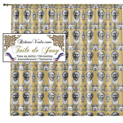 Tissu d'éditeur ameublement motif imprimé Baroque  Antique ornement Lys Toile de Jouy Lion noir jaune luxe haut gamme. Décoratrice d'architecte d'intérieur patrimoine historique pour tapisserie. Boutique Confection voilage, rideau au mètre. Ignifugé occultant.