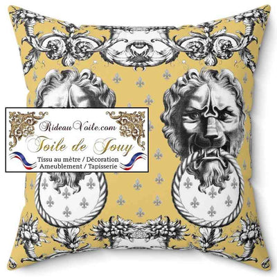 Tissu d'éditeur ameublement motif imprimé Baroque  Antique ornement Lys Toile de Jouy Lion noir jaune luxe haut gamme. Décoratrice d'architecte d'intérieur patrimoine historique pour tapisserie. Boutique Confection voilage, rideau au mètre. Ignifugé occultant.