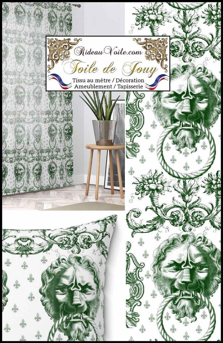 Tissu Toile De Jouy Imprimé Aqua Bleu - Coton, France, Neuf Pour Rideaux Déco