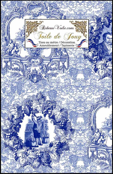 Boutique imprimé tissu ameublement motif Toile de Jouy design vigne vin au mètre bleu