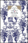 Tissu bleu marine d'éditeur d'ameublement luxe haut gamme décoratrice d'architecte patrimoine historique pour tapisserie Antique ornement motif Toile de Jouy bleu. Textile imprimé Baroque. Confection voilage, rideau au mètre. Ignifugé occultant sur velours cuir et laine.