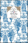 Tissu bleu d'éditeur d'ameublement luxe haut gamme décoratrice d'architecte patrimoine historique pour tapisserie Antique ornement motif Toile de Jouy bleu. Textile imprimé Baroque. Confection voilage, rideau au mètre. Ignifugé occultant sur velours cuir et laine.