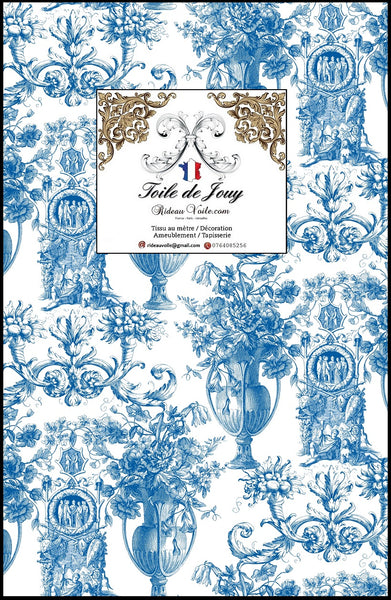 Tissu bleu d'éditeur d'ameublement luxe haut gamme décoratrice d'architecte patrimoine historique pour tapisserie Antique ornement motif Toile de Jouy bleu. Textile imprimé Baroque. Confection voilage, rideau au mètre. Ignifugé occultant sur velours cuir et laine.