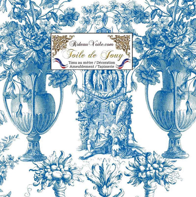 Tissu bleu d'éditeur d'ameublement luxe haut gamme décoratrice d'architecte patrimoine historique pour tapisserie Antique ornement motif Toile de Jouy bleu. Textile imprimé Baroque. Confection voilage, rideau au mètre. Ignifugé occultant sur velours cuir et laine.