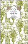 Tissu vert olive d'éditeur d'ameublement luxe haut gamme décoratrice d'architecte patrimoine historique pour tapisserie Antique ornement motif Toile de Jouy. Textile imprimé Baroque. Boutique Confection voilage, rideau au mètre. Ignifugé occultant sur velours cuir et laine.