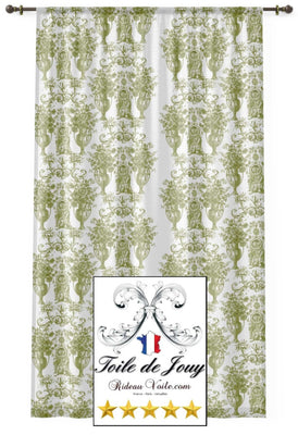 Tissu vert olive d'éditeur d'ameublement luxe haut gamme décoratrice d'architecte patrimoine historique pour tapisserie Antique ornement motif Toile de Jouy. Textile imprimé Baroque. Boutique Confection voilage, rideau au mètre. Ignifugé occultant sur velours cuir et laine.