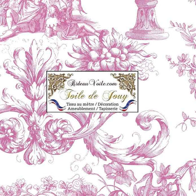 Tissu rose d'éditeur d'ameublement luxe haut gamme décoratrice d'architecte patrimoine historique pour tapisserie Antique ornement motif Toile de Jouy. Textile imprimé Baroque. Boutique Confection voilage, rideau au mètre.