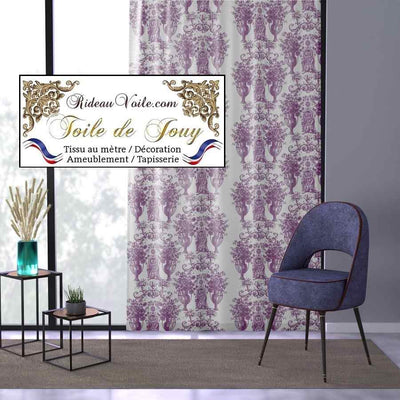 Tissu lilas parme violet d'ameublement luxe haut gamme décoratrice d'architecte patrimoine historique pour tapisserie Antique ornement motif Toile de Jouy. Textile imprimé Baroque. Boutique Confection voilage, rideau au mètre. Ignifugé occultant.