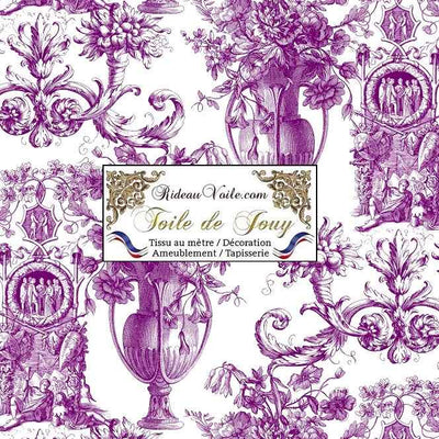 Tissu lilas parme violet d'ameublement luxe haut gamme décoratrice d'architecte patrimoine historique pour tapisserie Antique ornement motif Toile de Jouy. Textile imprimé Baroque. Boutique Confection voilage, rideau au mètre. Ignifugé occultant.