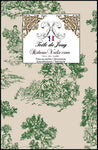 Manufacture Française tissu motif Toile de Jouy vert beige ameublement intérieur mètre