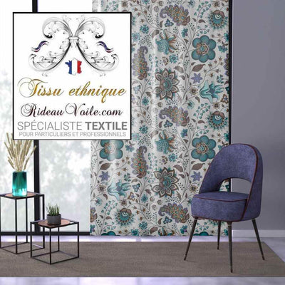 Tissu motif Indien Paisley Jacquard Toile de Jouy imprimé Indienne mètre rideau turquoise