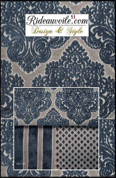 Boutique Tissu déco tapissier jacquard Velours chenille bleu mètre rideau