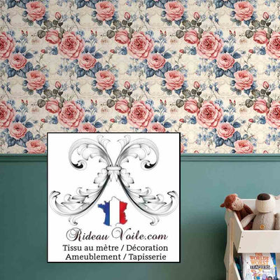 Tissu ameublement ignifuge occultant imprimé floral Roses romantique vintage shabby mètre