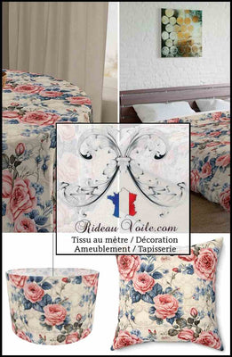 Tissu ameublement ignifuge occultant imprimé floral Roses romantique vintage shabby mètre