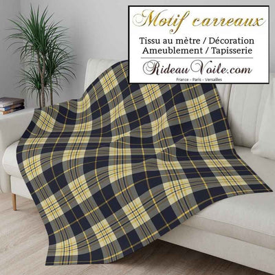 Tissu velours ameublement canapés  imprimé à carreaux tartan bleu jaune