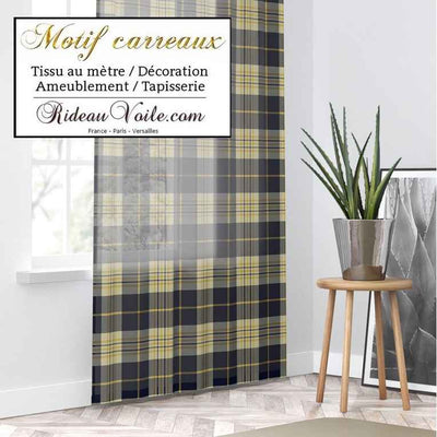 Tissu velours ameublement canapés  imprimé à carreaux tartan bleu jaune tissu décoration d'intérieure, textile au mètre motif tapissier. Rideau lainage ignifuge occultant, voilage décoratrice rénovation agencement.