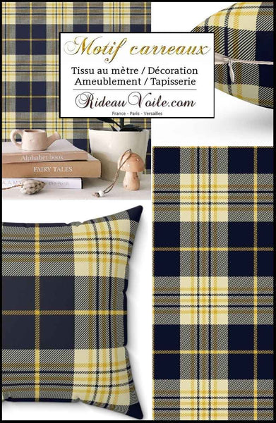 Toile 100% Lin coton imprimé carreaux Tartan bleu jaune. Décorateur, Architecte d'intérieur de Chalets villa maison prestige éditeur tissu décoration d'intérieure